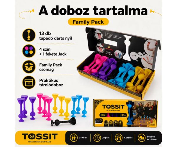 Tossit Family Pack – ružičasta, ljubičasta, plava, žuta pikado igra s usisnim čepovima