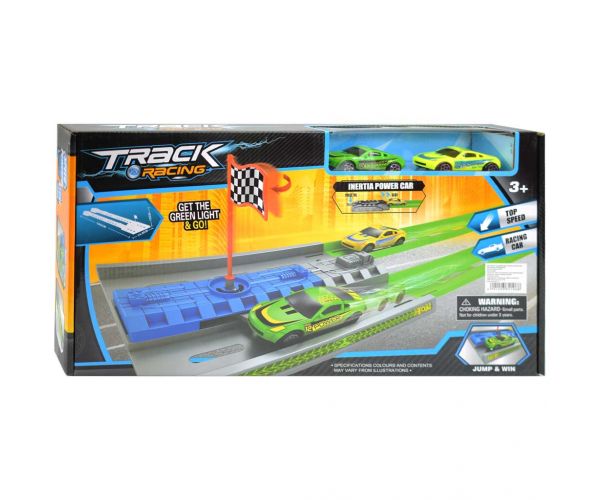 Track Racing: Trkaća staza za ubrzanje sa ciljnom zastavom i 2 mala automobila 1/64